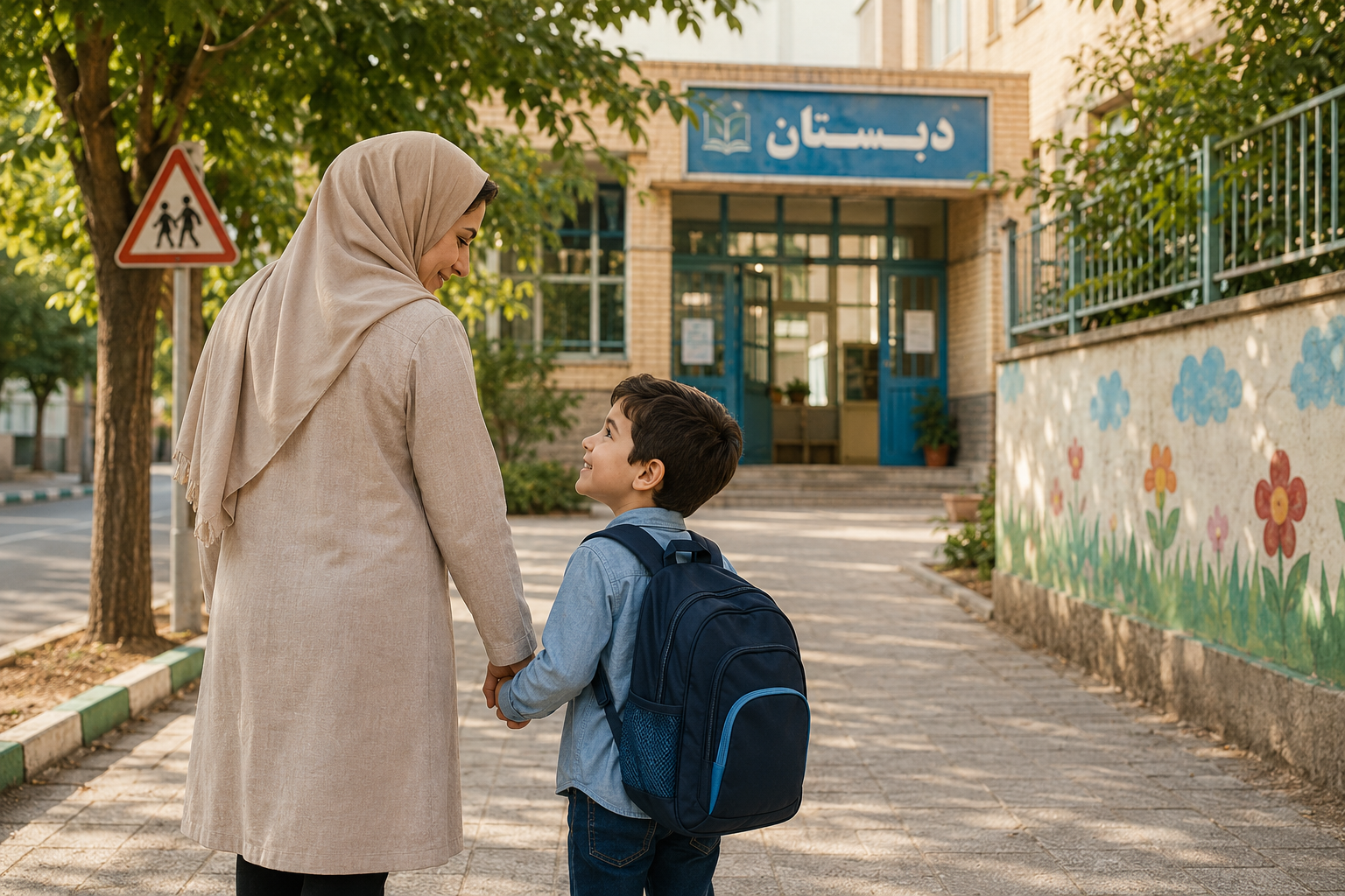 بازدید مادر و کودک از محیط مدرسه پیش از شروع کلاس اول