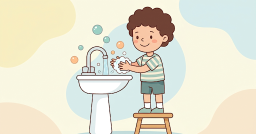 شستن دستها و رعایت بهداشت کودک پس از دستشویی رفتن در مدرسه