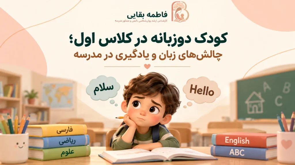 کودک دوزبانه در کلاس درس کنار کتاب‌های فارسی و انگلیسی - فاطمه بقایی مقدم