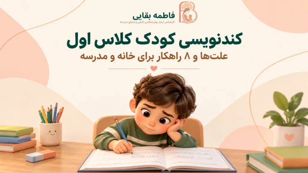 کودک کلاس اول در حال تمرین نوشتن در دفتر با مداد، تصویر شاخص مقاله کندنویسی - فاطمه بقایی مقدم
